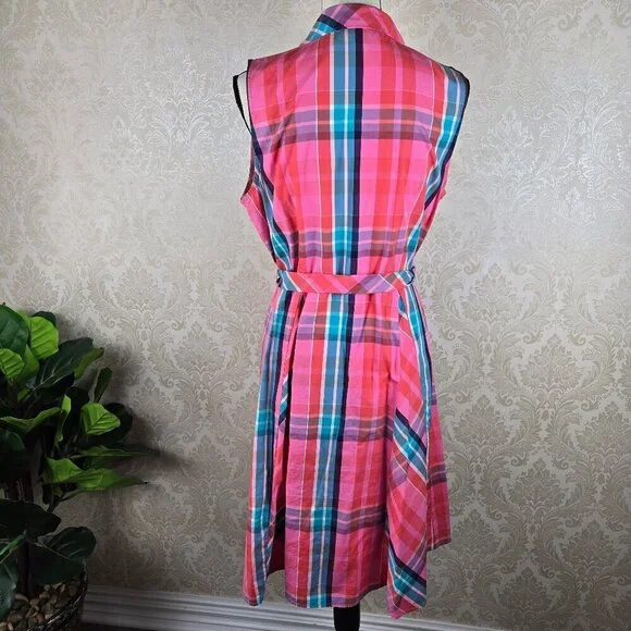 Tommy Hilfiger Size Large Pink Plaid Shirt Dress Button Front Sleevless Cotton - Picture 7 of 12